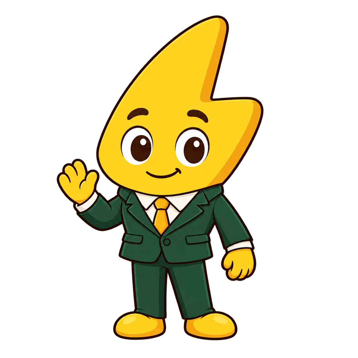 Zappy waves hello in a green business suit and gold tie
